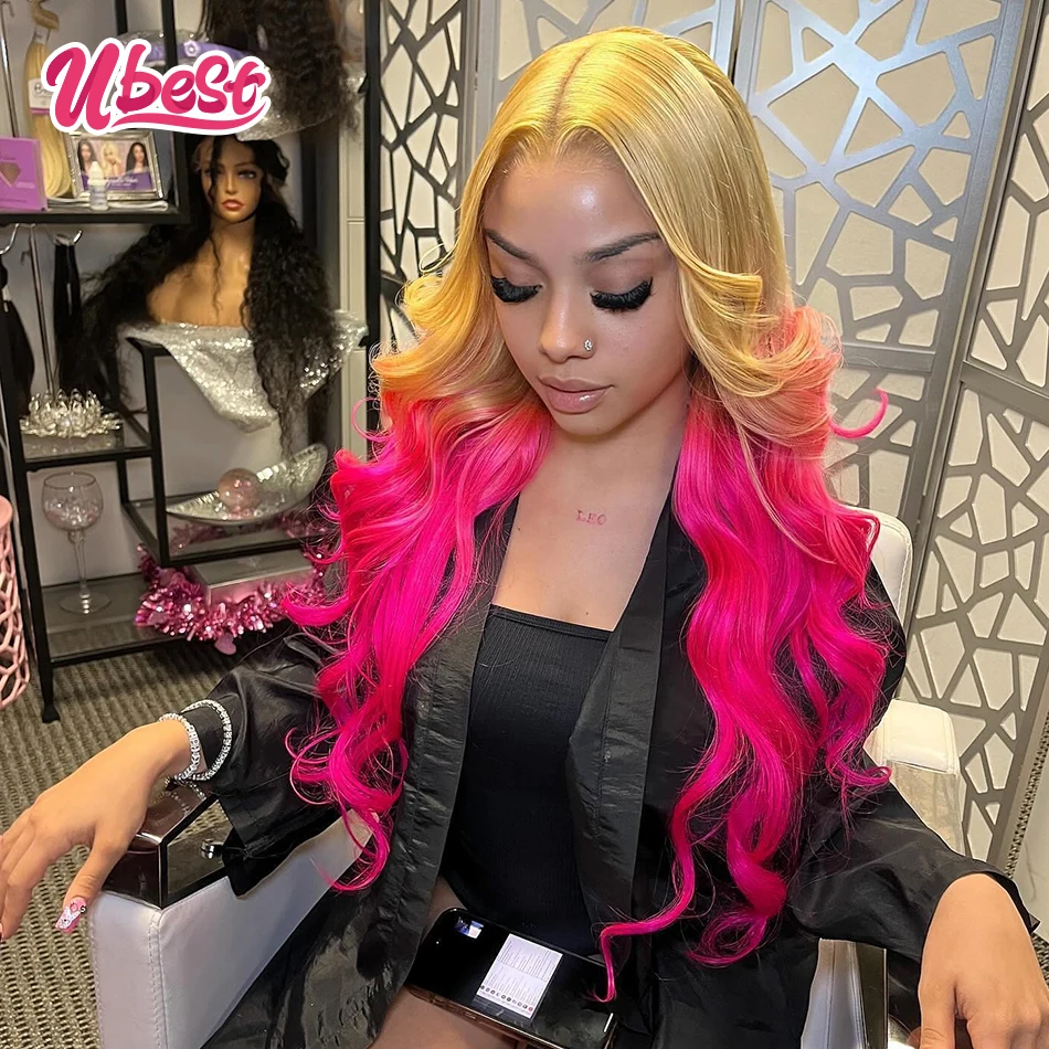 Парики женские из 200% человеческих волос с эффектом омбре золотисто-розового