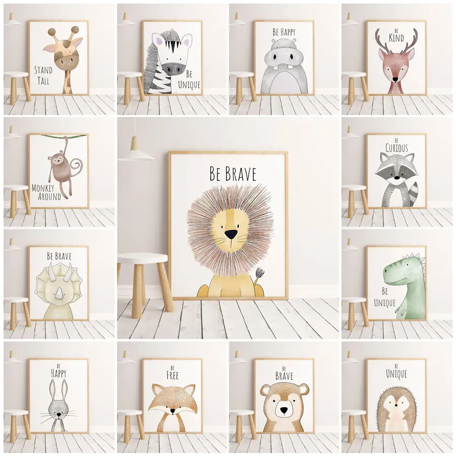 Настенная картина в виде жирафа кролика Льва бегемота с принтом леса животных