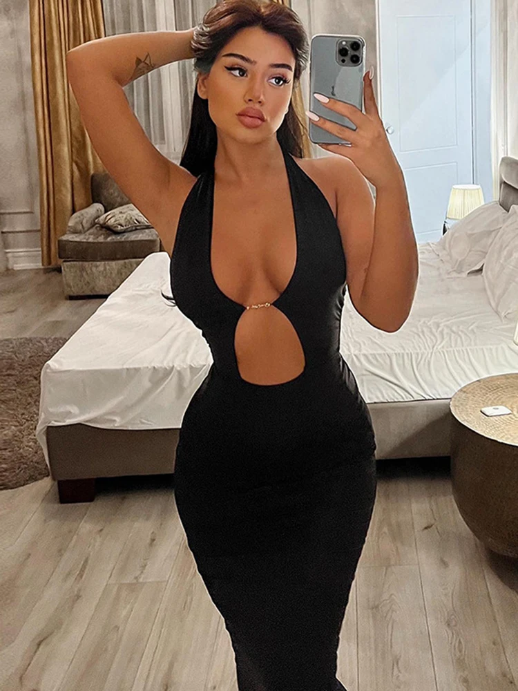 

Sibybo Women Sexy Halter Backless Dress For Summer Black Hollow Out Bodycon Long Dresses Femme Fashion Casual Streetwear Outfits