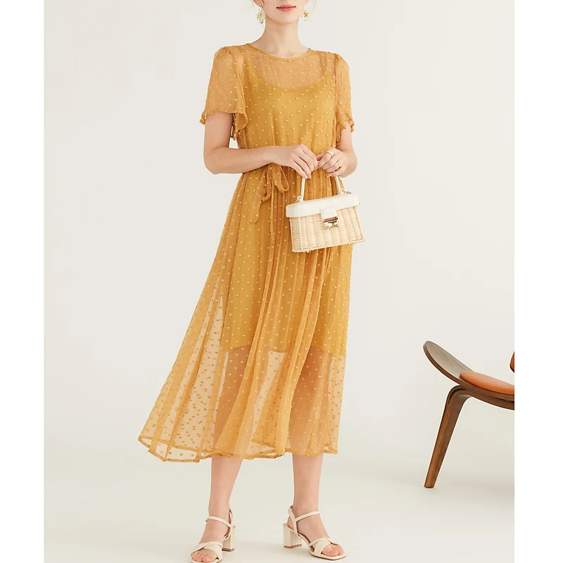 

2022 New Natural Silk High Quality Sexy Dress Women See Though Vintage A-LINE Mid-Calf O-Neck DOT Thin Evening Dresses Long