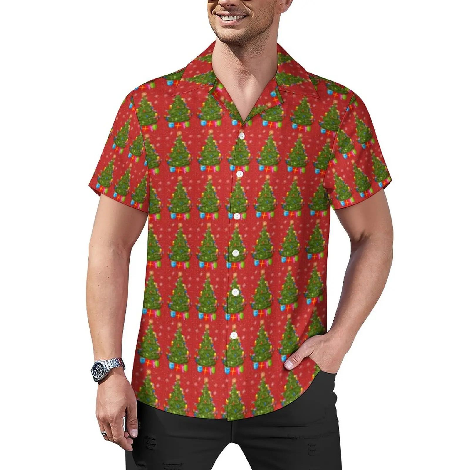

Зеленая Свободная рубашка с рождественской елкой, мужские праздничные повседневные рубашки для отпуска, гавайский дизайн, с коротким рукавом, стиль Харадзюку