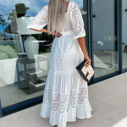 Summer 2023 Women Lace Square Collar Holiday Dress Sexy Lace-Up Puff Sleeve Party Dress Fashion Hollow A-Line Long Beach Dresses
