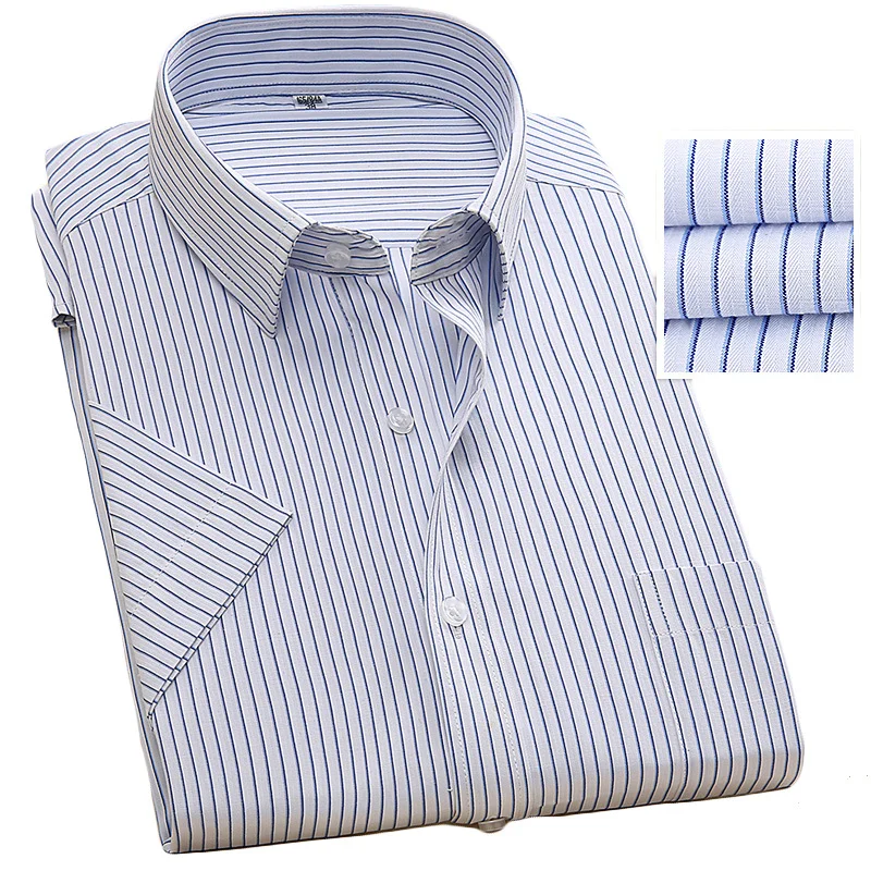 Fashion Summer Men Dress Shirt Short Sleeved Striped Solid Male Shirts Brand Clothing Formal Business Mens White Shirt