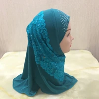 age 2 7 girls kids one piece muslim hijab cap underscarf new beautiful lace flower pattern islamic girls amira cap ready to wear