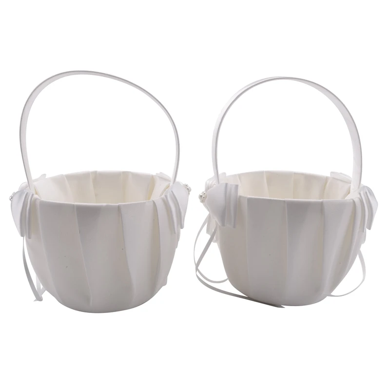 

2PCS Flower Girl Baskets For Wedding Cute Bowknot Design Girl Basket,Romantic Bowknot Party Rose Flower Girl Basket