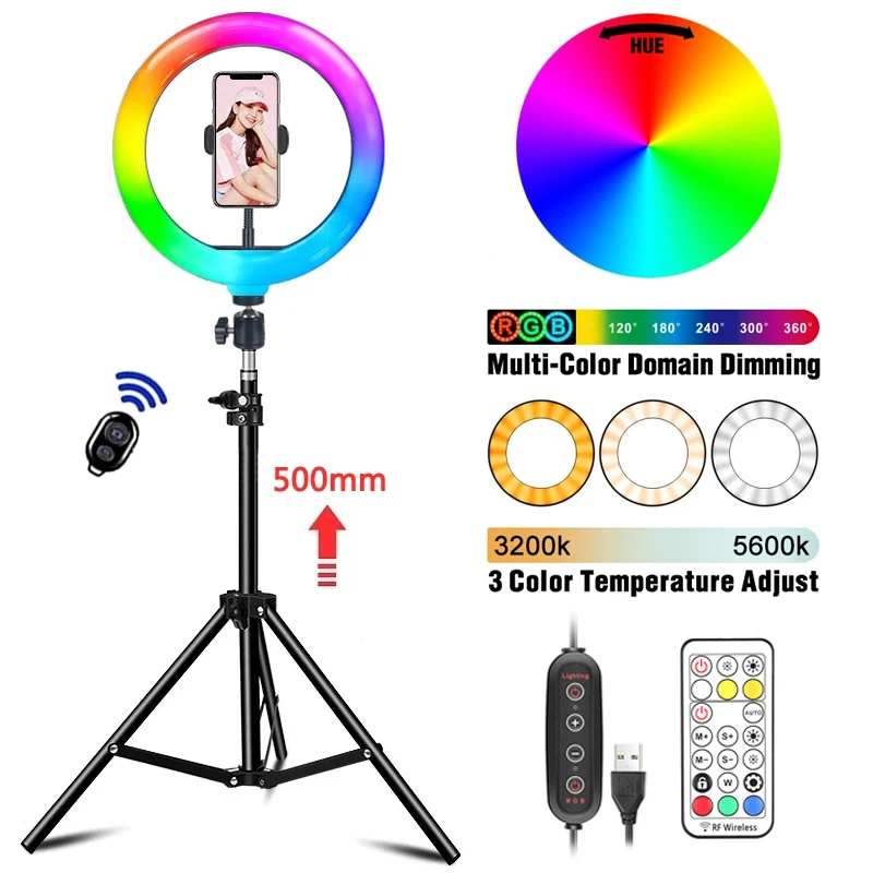 

12in RGB Color Ring Light Dimmable LED Selfie Ringlight Photography Fill Lamp With 50cm Tripod For TikTok Video Live Makeup Lamp