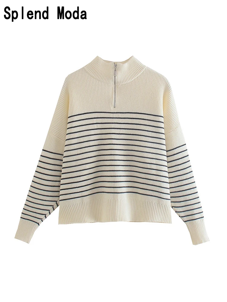 

2023 Women New Autumn Fashion Streetwear Style Striped Knitted Pullover Loose Long Sleeve Sweater Casual Zipper Fly Jumpers TRAF
