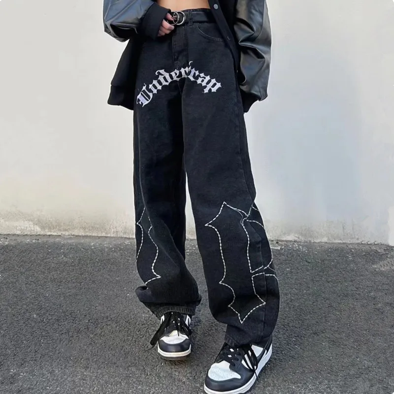 2022 High Street Letter Embroidery Black Oversize Men Hip Hop Jeans Trousers Harajuku Straight Women Baggy Vintage Denim Pants