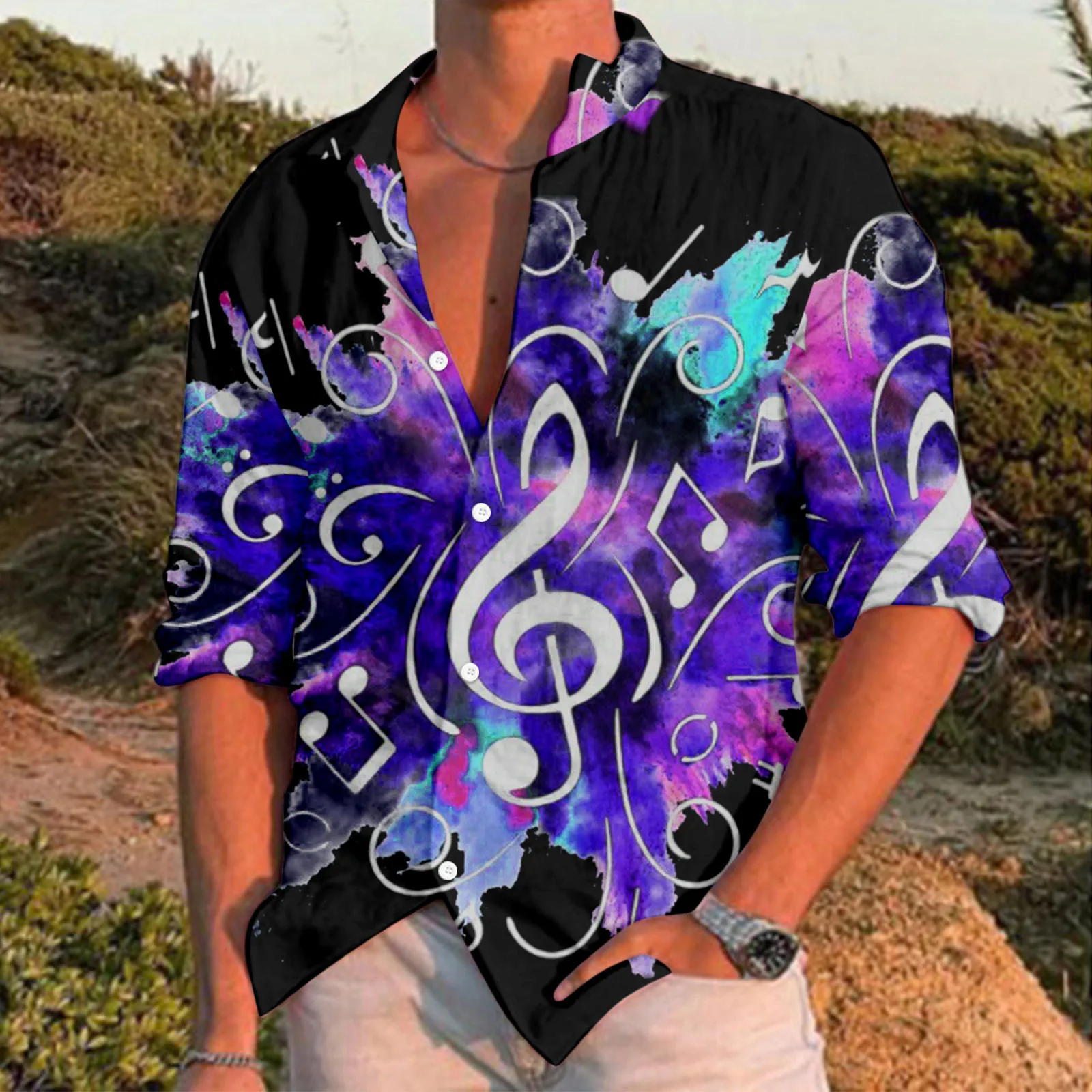 

Водолазка мужская с флисовой подкладкой, Повседневная рубашка с музыкальным принтом, платье с длинным рукавом и отложным воротником, на пуг...