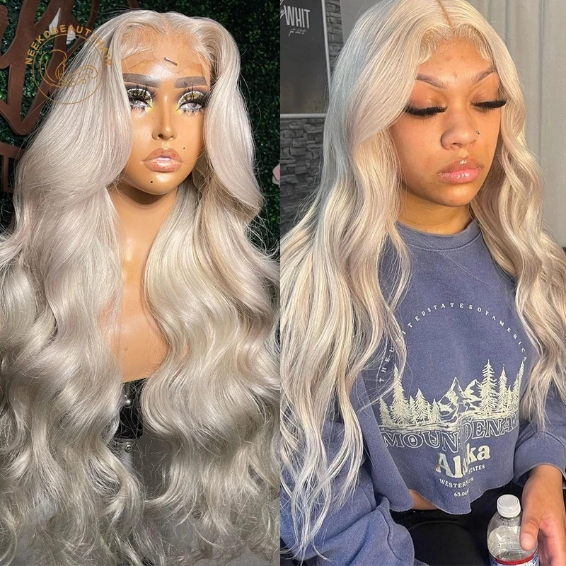 60 Wavy Lace Front Wig 180% Platinum Blond Human Hair Wigs Pre Plucked For Women