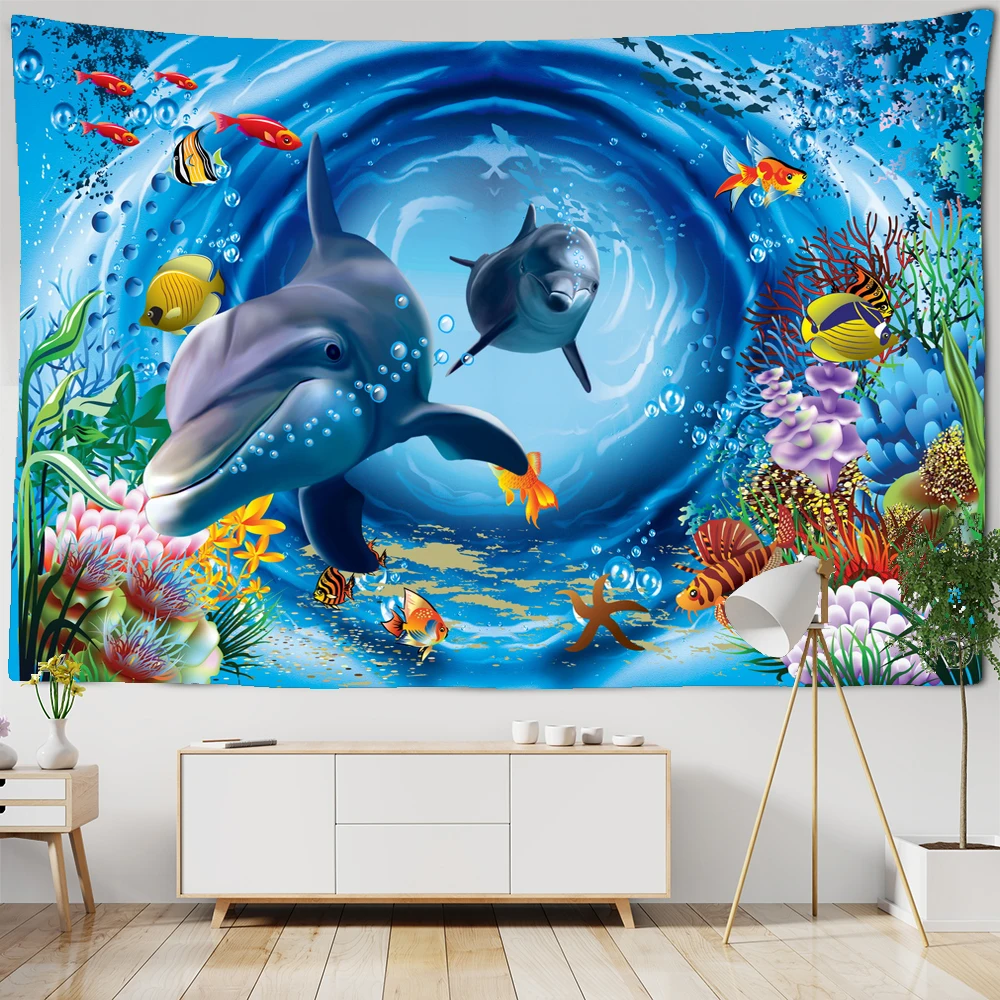 

3D Printed Tapestry Psychedelic Underwater World Beautiful Fish Dolphin Tapestry Wall Hanging Marine Animal decoration Tapestry