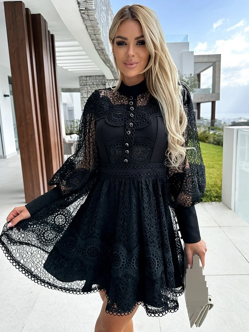 

Elegant white sexy hollow lace patchwork pearl party dresses 2023 Women back zipper long sleeve stand collar swing midi dress