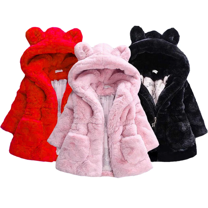 

2023 Winter Plush Imitation Fur Girls Jacket Keeping Warm Hooded Outerwear For Kids 1-8 Years Christmas Present Children Coat