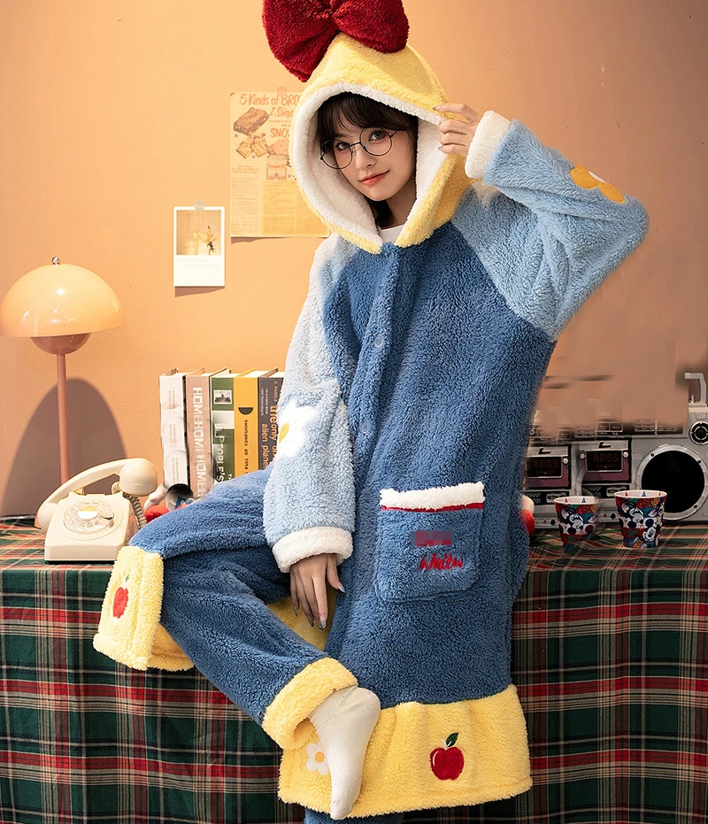 Winter Warm Pajamas Set Women Kawaii Sleepwear Fleece Nightgown Cartoon Cosplay Coral Fleece Hooded Thicken Night Dress Pyjamas