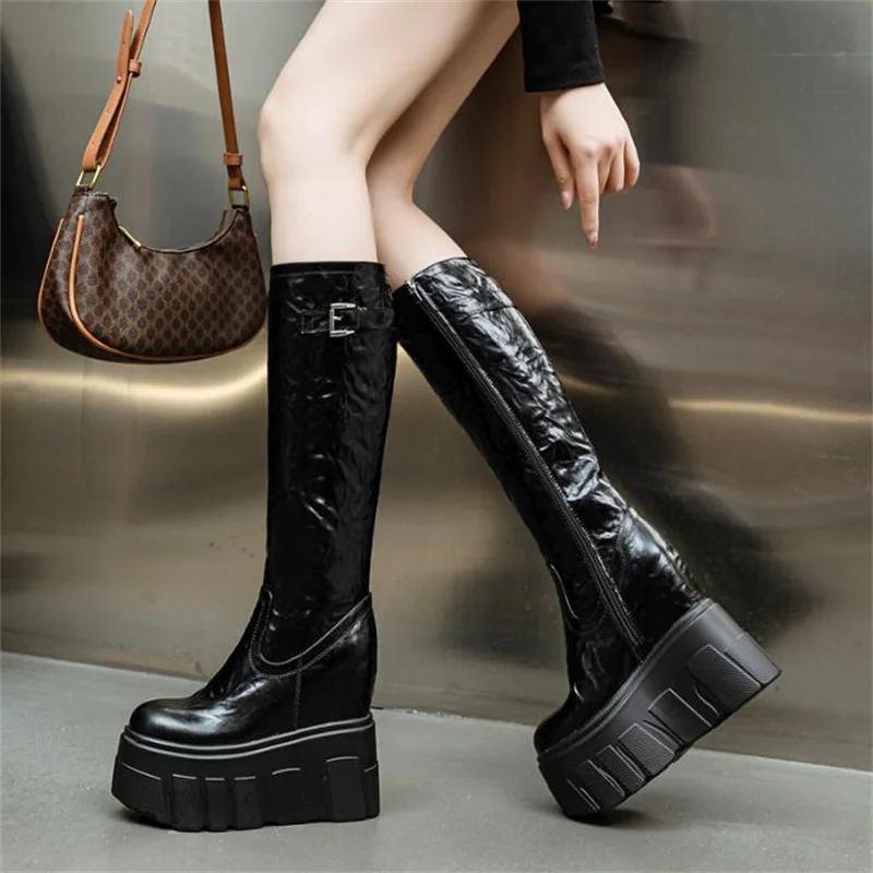 Женские мотоциклетные ботильоны челси до колена из натуральной кожи на