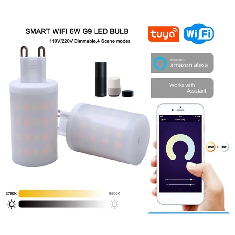 Фото ABZL 6X Tuya Wifi G9 Умная диммируемая лампа G9 6W LED с голосовым управлением, интеллектуальное освещение, AC220-240V, вилка EU №4