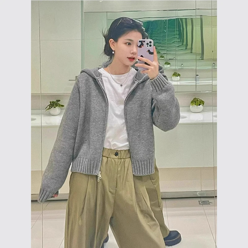 Серый свитер с двойной молнией кардиган верхняя одежда женский весенне-осенний