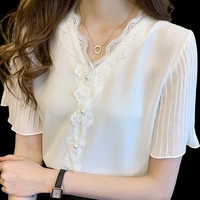 elegant fashion v neck lace folds short sleeve chiffon shirts summer korean button solid color casual commuter womens blouse