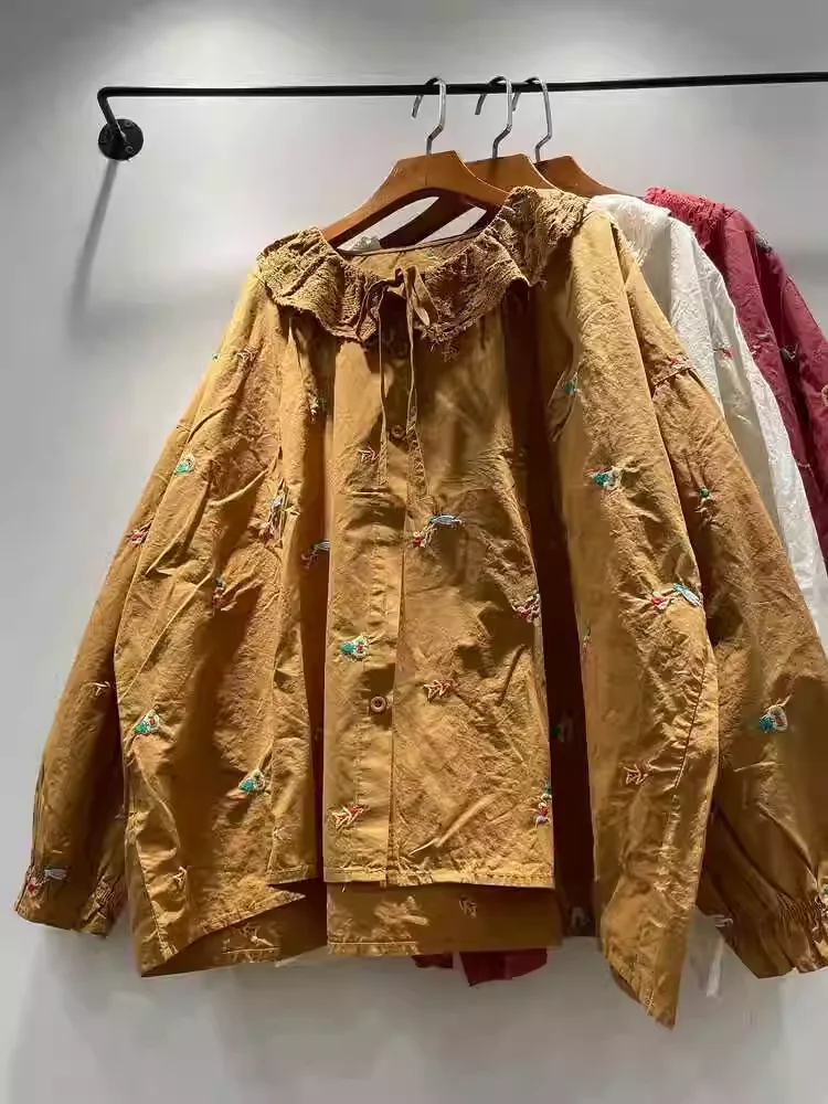 Одежда Mori kei японский бренд кружевной воротник вышивка рубашки и блузки с длинным