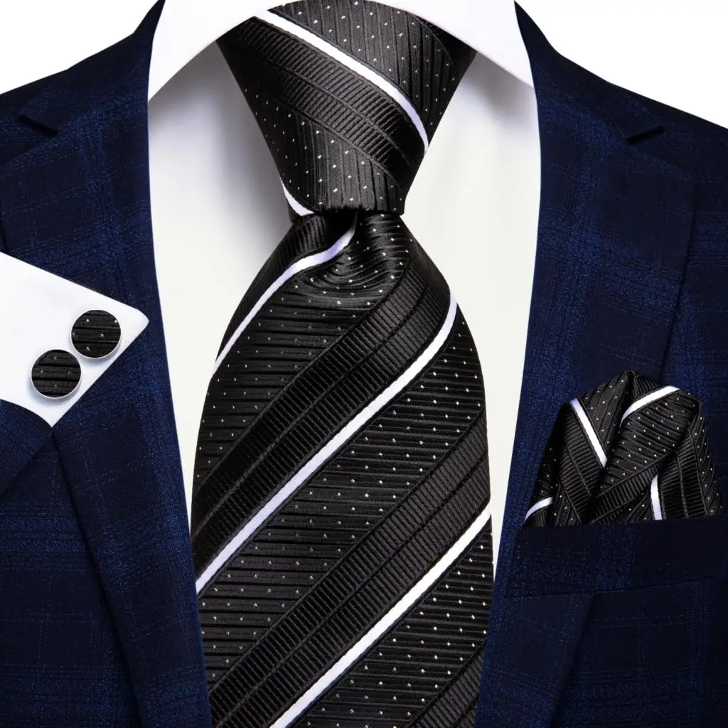 

Hi-Tie Designer Black White Striped Silk Wedding Tie For Men Handky Cufflink Gift Men Necktie Fashion Business Party Dropshiping