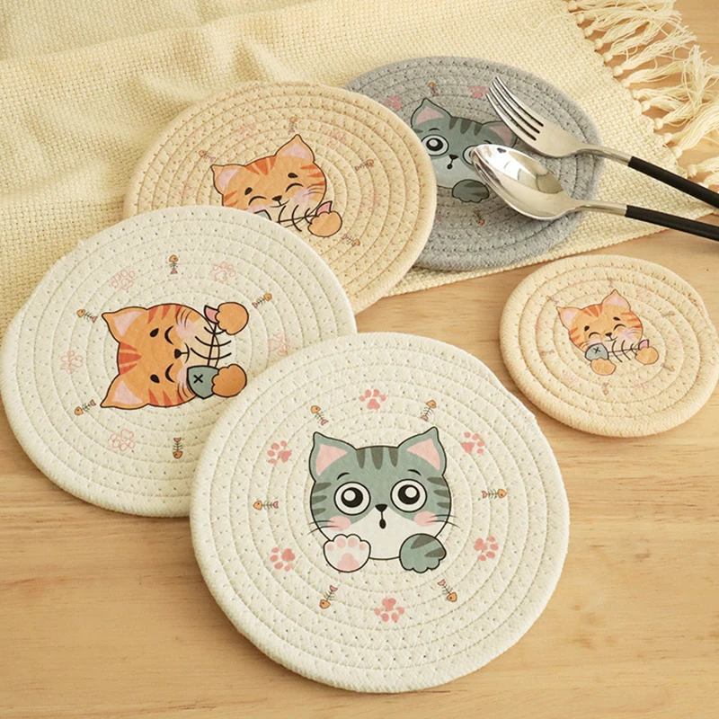 Table Pad Insulation Placemat Cup Bowl Mat Home Decoration Durable Cat Coaster Woven Cotton Rope Printed Heat Insulation Pad