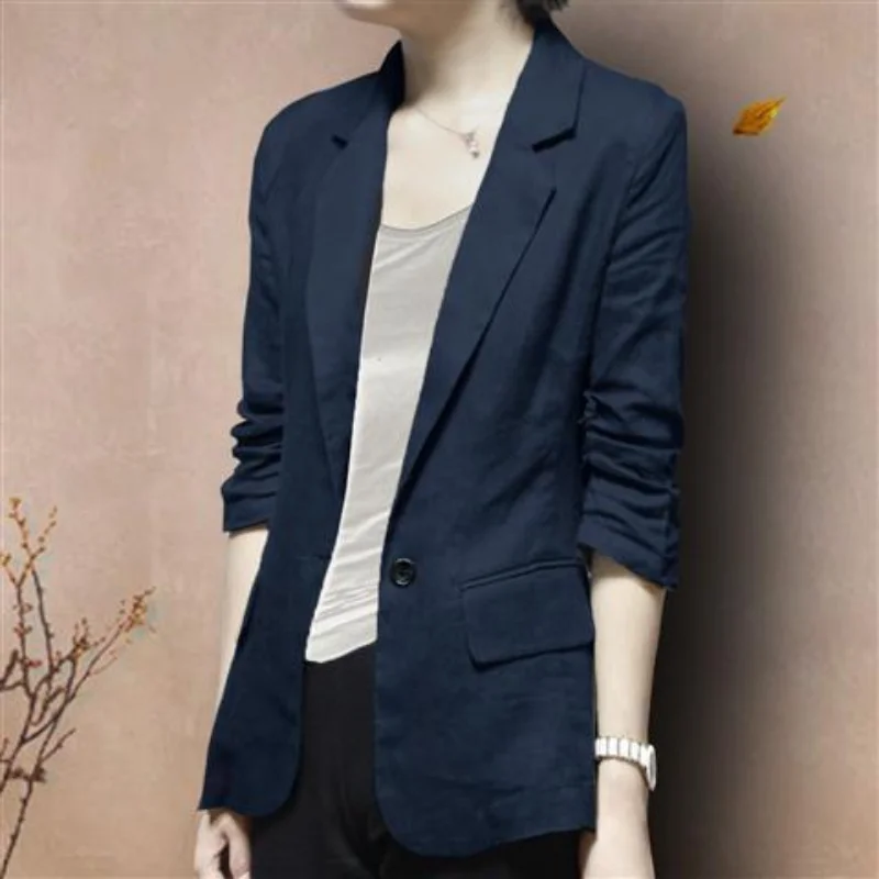 New Vintage Cotton Blazer Women Spring Summer Coat Seventh Sleeve Thin Jacket Korean Fashion Tops Business Office Ladies Suit