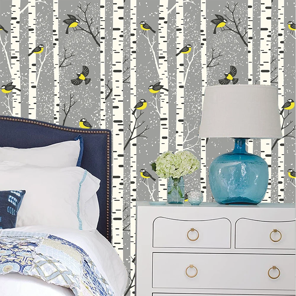 

Birch Forest Self-Adhesive 3D Wallpaper For Living Room Bedroom Wall Sticker Vinyl Contact Paper Grey Wood Mural