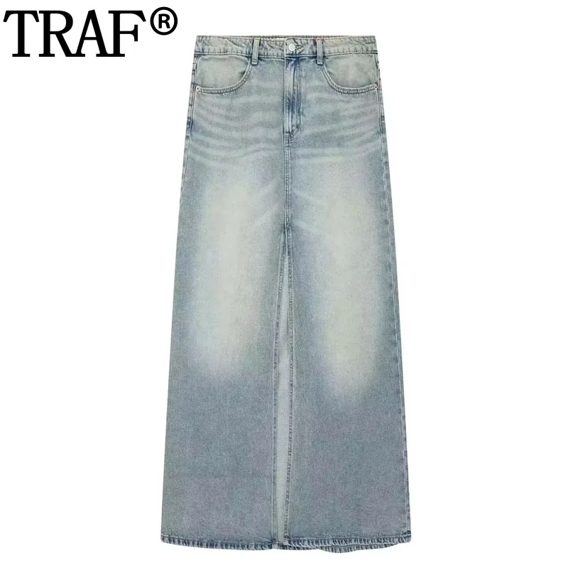 

TRAF Jean Long Skirts For Women 2023 High Waist Blue Denim Skirt Woman Faded Midi Skirt With Slit Streetwear Women's Skirt