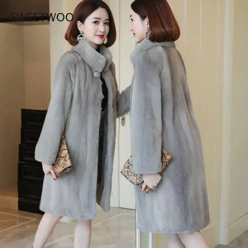 Winter Faux Mink Fleece Fur Coat Women Midi Stand Collar Faux Fur Jacket Thick Warm Loose Female Elegant Parka Outwear Plus 2022