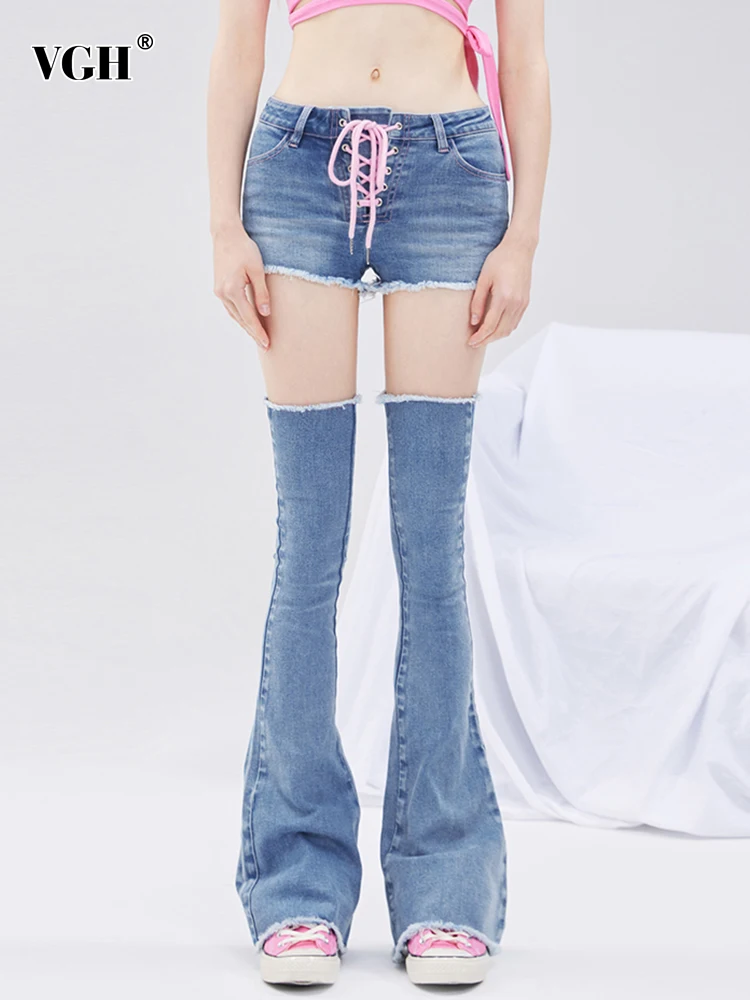 

VGH Streetwear Colorblock Two Piece Set For Women High Waist Patchwork Bandage Denim Short Pants Long Pant Legs Female Sets 2022