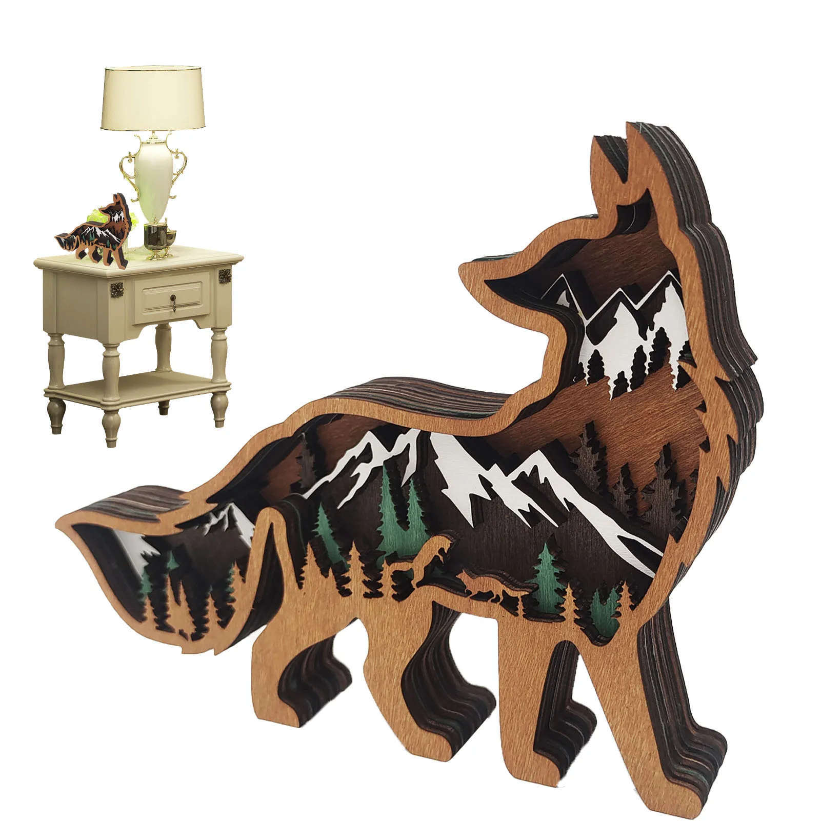 

Wooden Ornament 3D Forest Animal Statue Ornament Statues Figurine Animals Shaped Handicrafts Wood Collection Multi-Layered