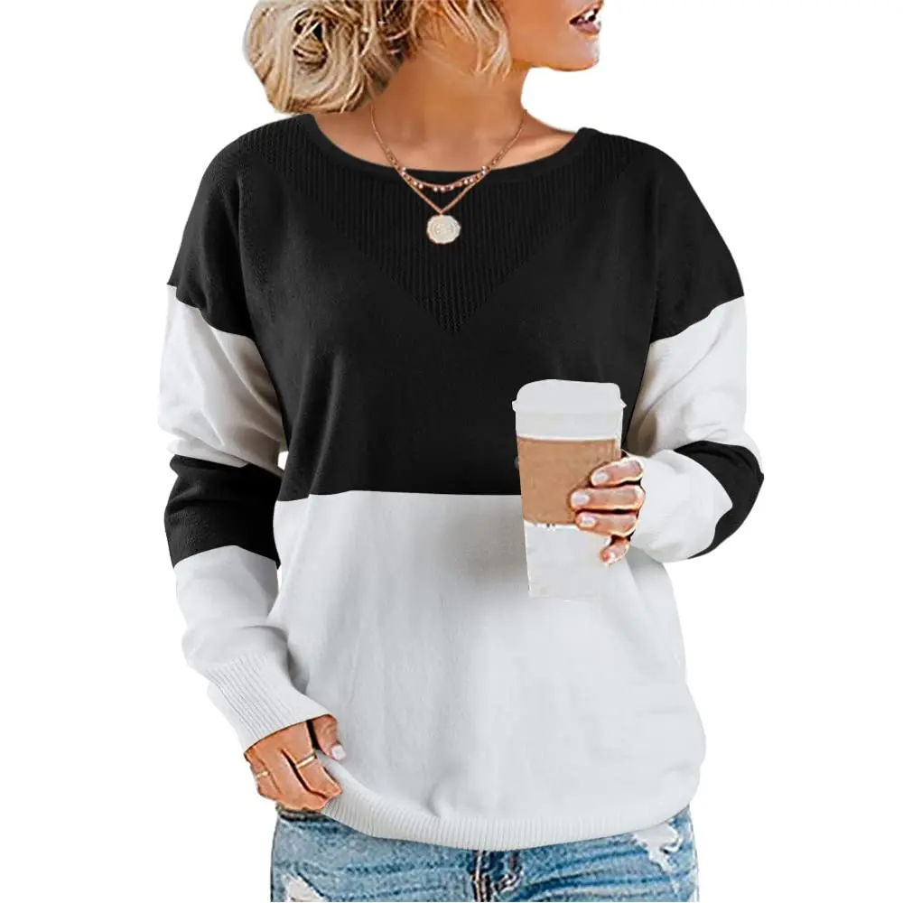 

Women's Round Neck Contrast Color Long-Sleeved Thin Casual Knitted Top