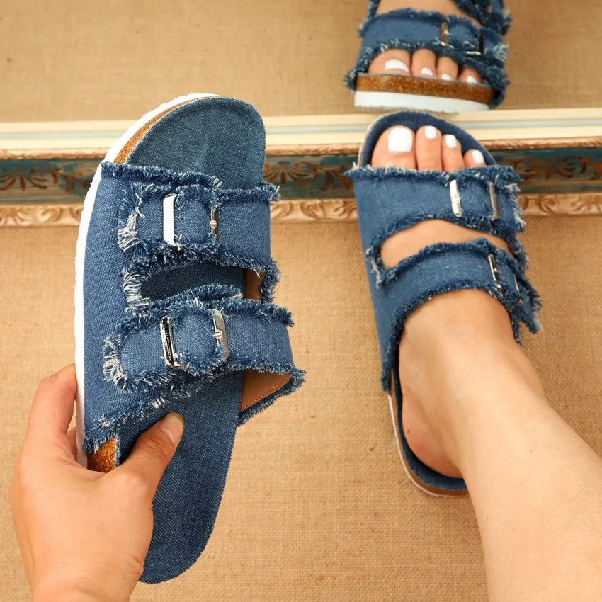 

Denim Women Slippers 2022 Thick Sole Summer Shoes Buckle Sandals Peep Toe Flat Slides Designer Ladies Flip Flops Plus Size 43