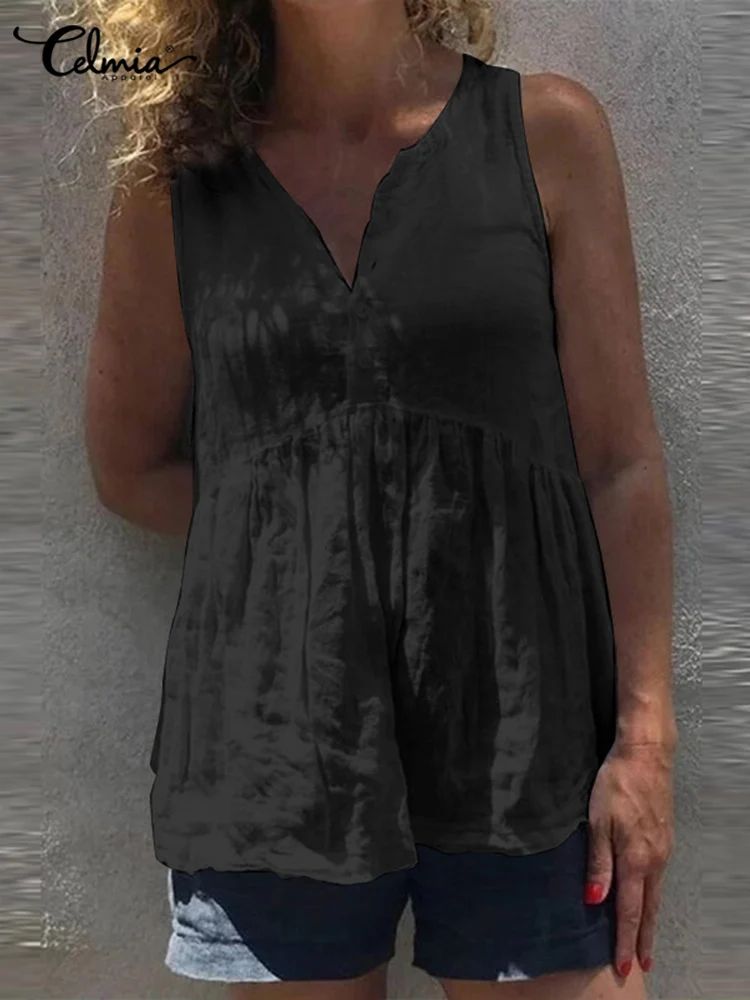 

Celmia Ladies Sleeveless Peplum Tops Cotton Casual Loose Tanks Solid Color Women Blouses 2022 Summer O-neck Leisure Tank Top