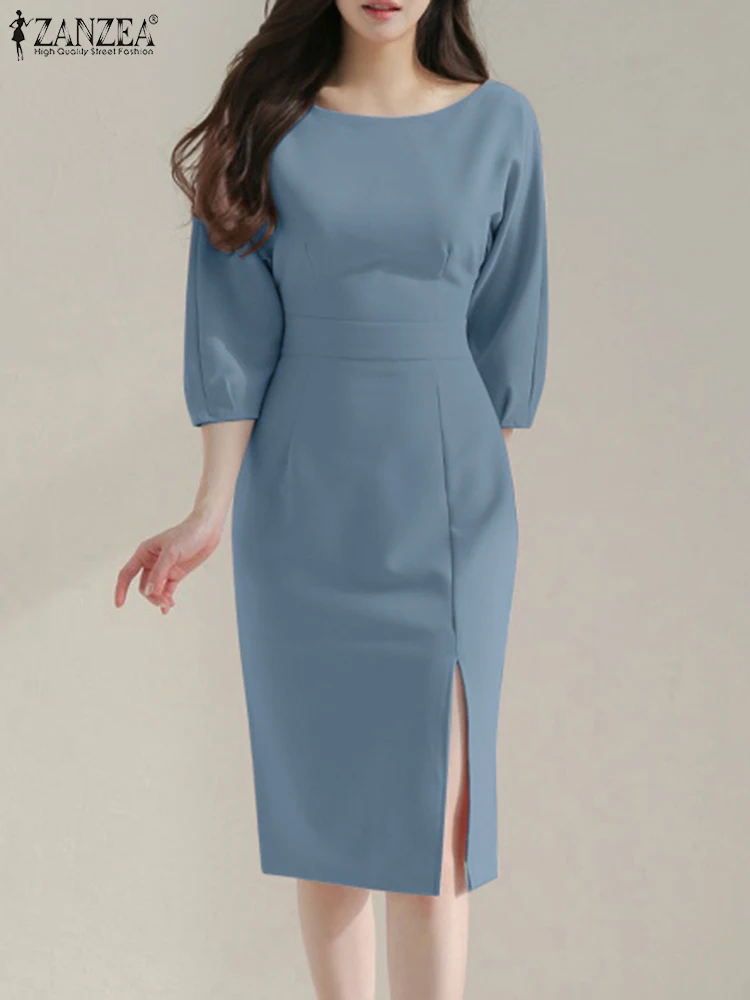 

Женское модное платье-карандаш ZANZEA, Осеннее офисное платье, элегантный тонкий женский сарафан с круглым вырезом и рукавом 3/4, праздничное платье