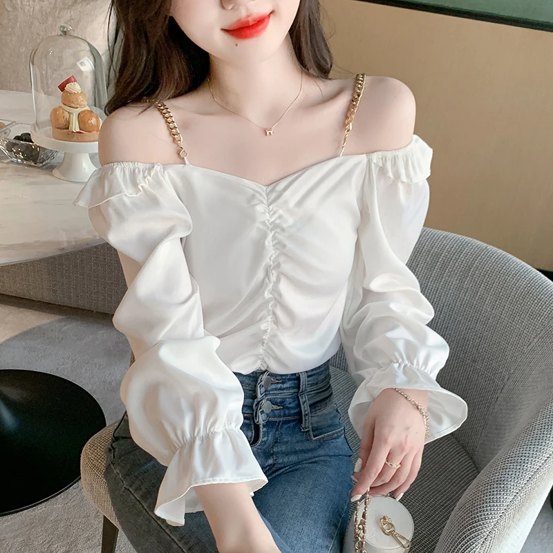 

Design Sense One Word Off Shoulder Shirt for Women 2022 Spring Short Style Lantern Sleeve Top