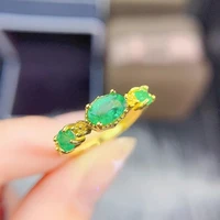 meibapj 3 stones natural emerald gemstone ring for women real 925 sterling silver charm fine wedding jewelry