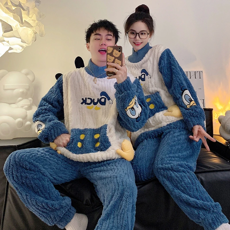 

Kawaii Women Pajamas Sets Winter Night Clothes Men Sleepwear Thicken Plush Cartoon Duck Couple Unisex Warm Houseclothes