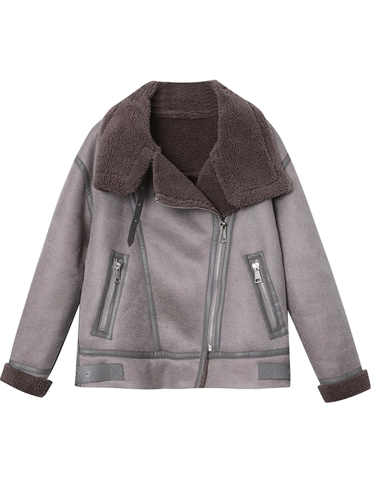 

Fitaylor/Новинка; Осенне-зимнее модное толстое теплое байкерское пальто из искусственной кожи; Женская уличная винтажная куртка из искусственной кожи с отворотами и мехом ягненка