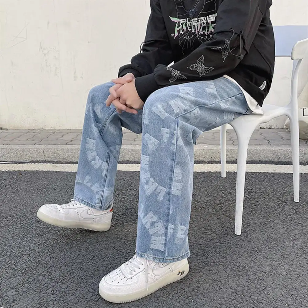 2023 Jacquard Blue Jeans Men's Loose Straight Leg Long Pants Streetwear Baggy Denim Clothing Graphic Streetwear Baggy Dirp Style