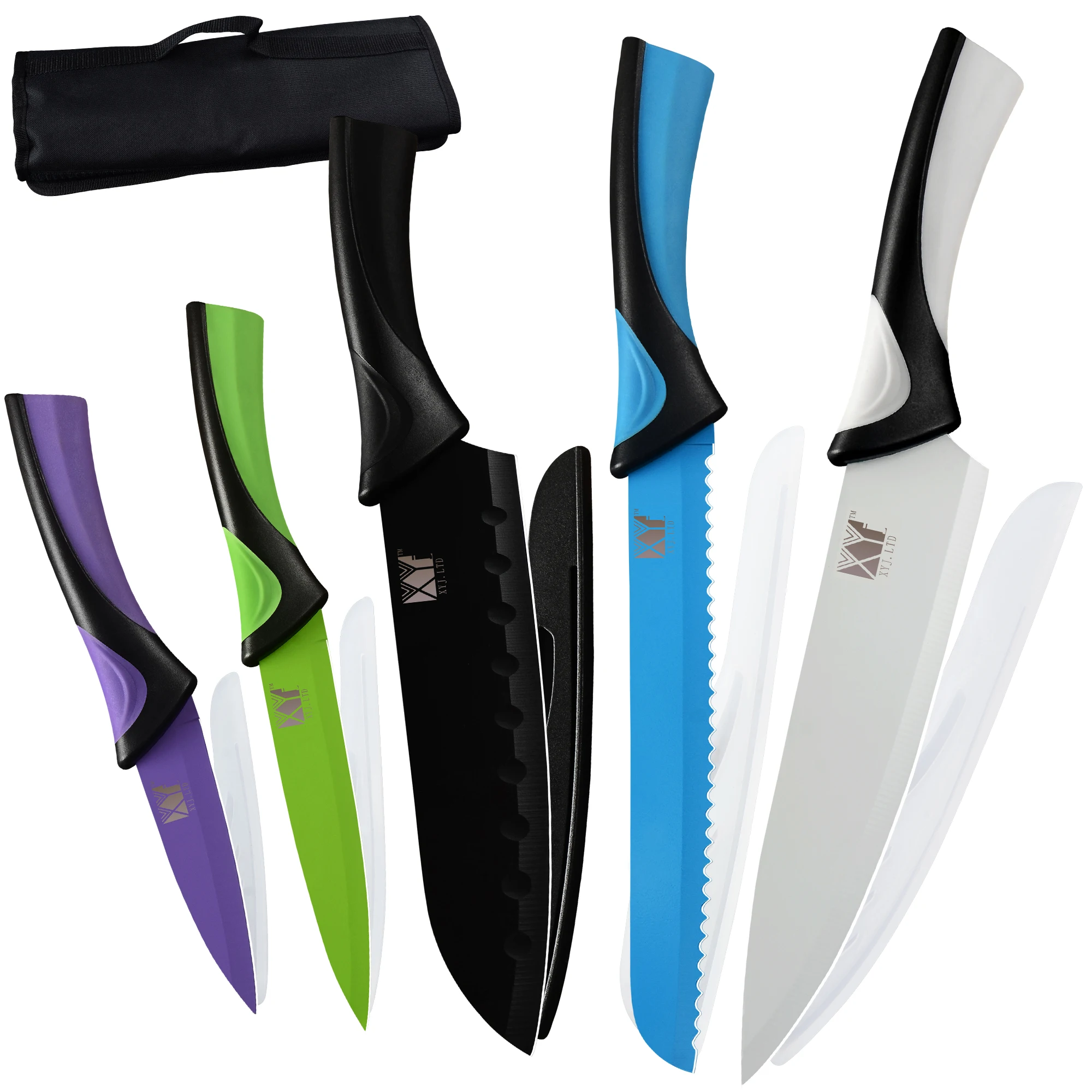 

Kitchen Knives Set With Roll Bag 5Pcs Stainless Steel Colorful Knife Tool Chef Bread Santoku Utility Paring Knives Free Covers
