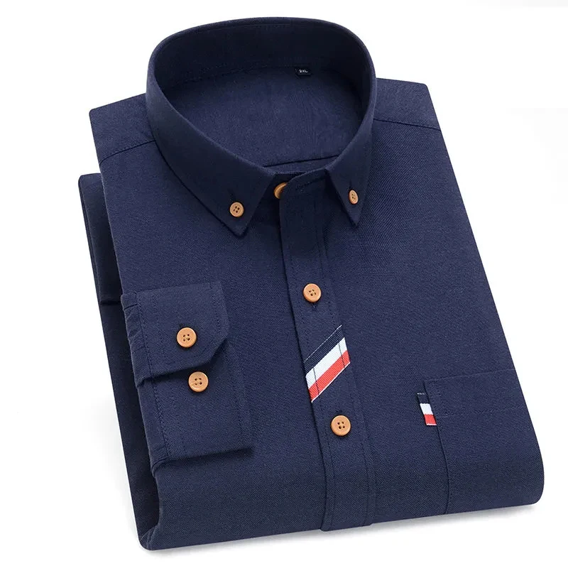 Men's Oxford Shirts Long Sleeve Lapel Business Casual Webbing Stitching Simple Style Solid Color Slim Blouses Male Clothing