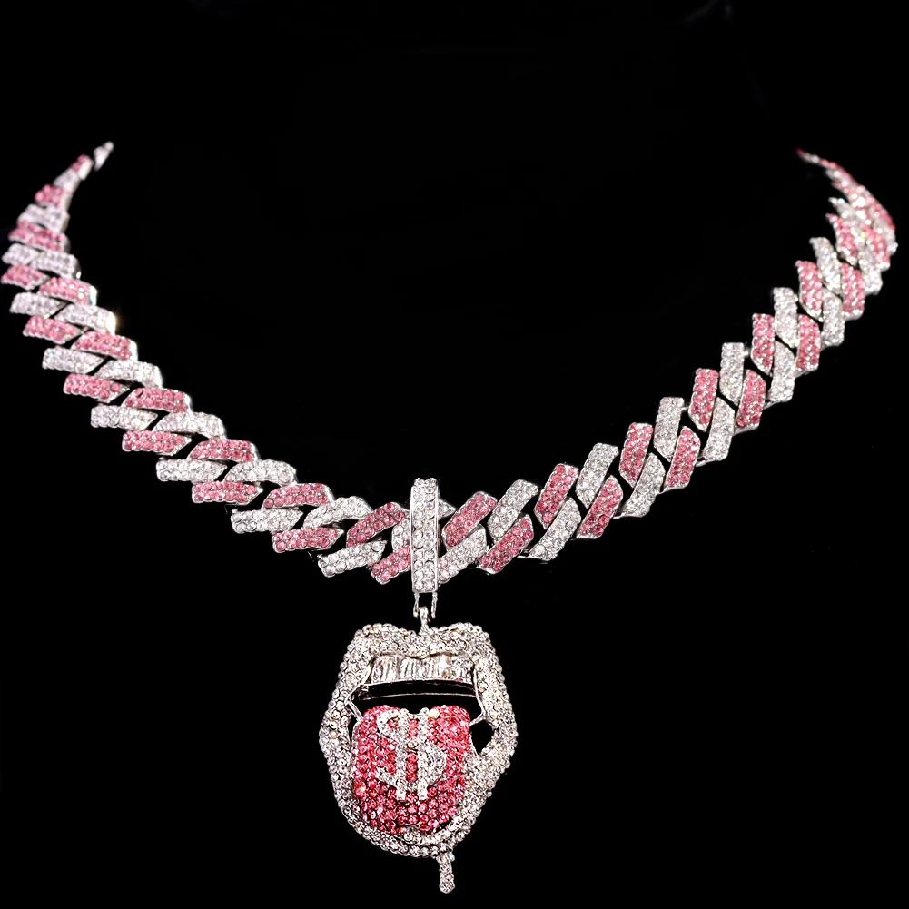 

Men Women Hip Hop Dollar Tongue Shape Pendant Necklace with Pink Crystal Cuban Chain Iced Out Bling Hip Hop Necklaces Jewelry