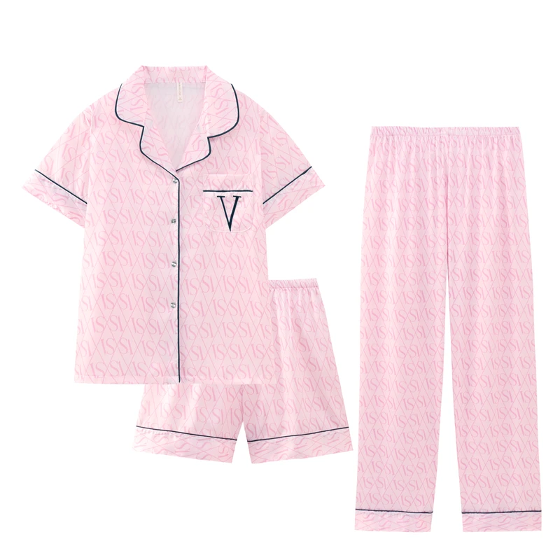 

Women's Pajamas Silk Letter Overall Print 5Pcs Pajama Set Satin Pyjamas Nightdress Sexy Pijama Nightie Sleepwear Pink Home