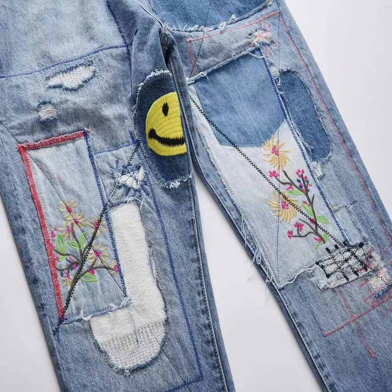 Hip Hop High Street Jeans Patchwork Smiley Patch Cowboy Trousers Men Women Casual Vintage Make Old Personality Jeans