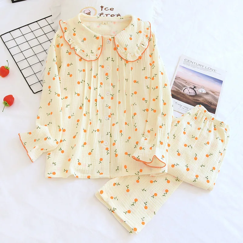Doll Collar Girl Home Wear Set Soft Breathable Comfortable Woven Cotton Crepe Button Long Sleeves Trousers Korean Pyjamas Women