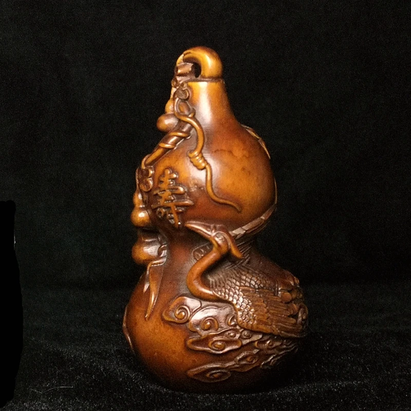 

YIZHU CULTUER ART H 3in Old Chinese boxwood Hand carved red-crowned crane Lagenaria gourd family Fengshui pendan decoration Gift