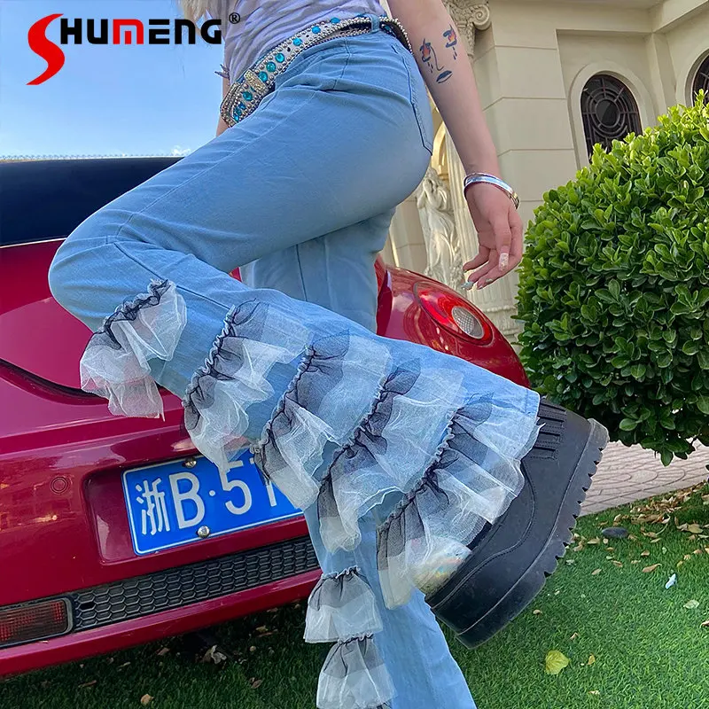 

European and American Retro Hot Girl Washed Worn Flare Jeans Stitching High Waist Denim Bell-Bottom Pants for Women