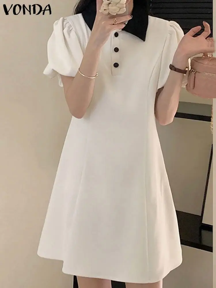 

VONDA Office Dress Women Summer Short Puff Sleeve Solid Color Party Sundress 2023 Streetwear Lapel Buttons Elegant Robe