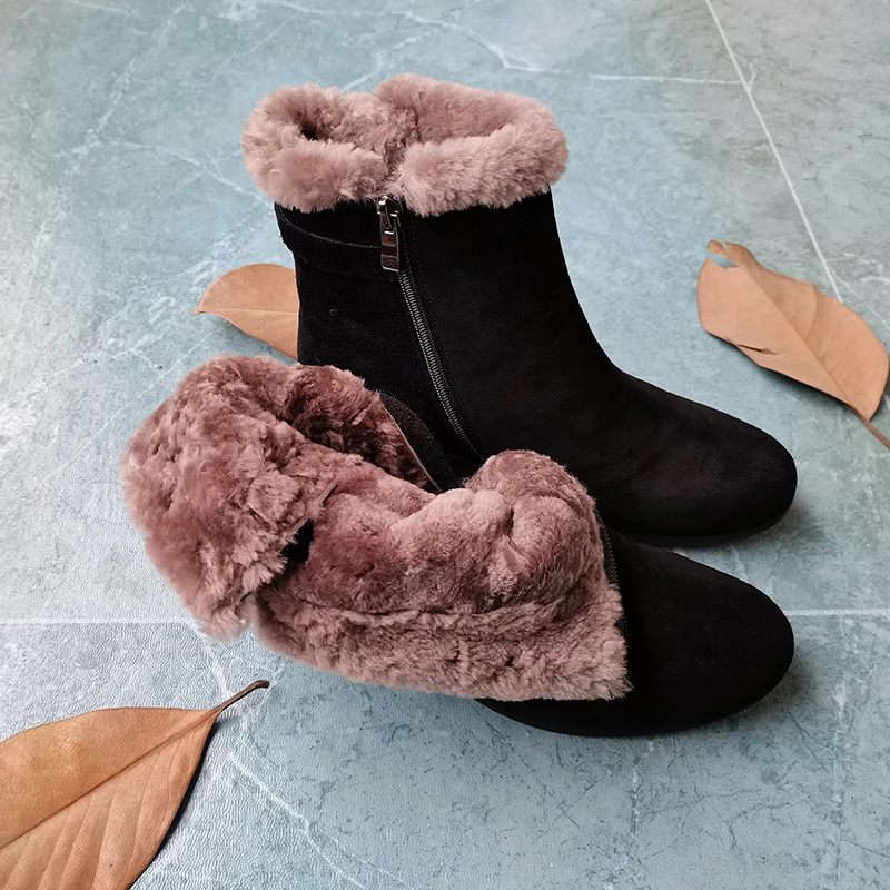

INS HOT Women ankle boots natural leather 22.5-25.5cm Russian winter warm boots Cowhide upper+wool lining\ insole black shoes